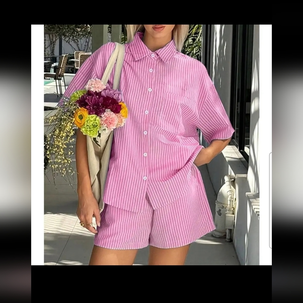 NWT Rosa Clothing Pink & White 2PC Shorts Set Tie Back Top Elastic Waist - Picture 3 of 9